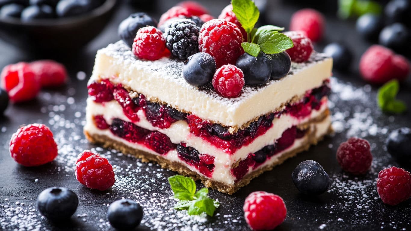 Fruit Flavoured Tiramisu dessert with raspberry, mulberry and blueberry on top