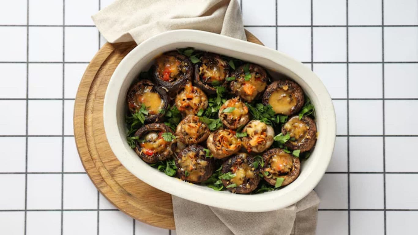 Stuffed mushrooms in white ceramic dish