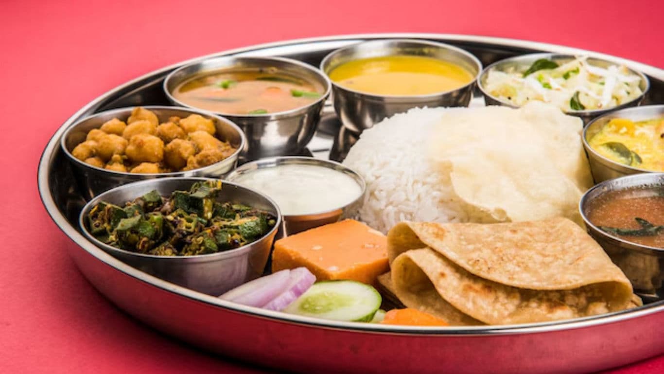 Traditional Indian thali meal with assorted dishes