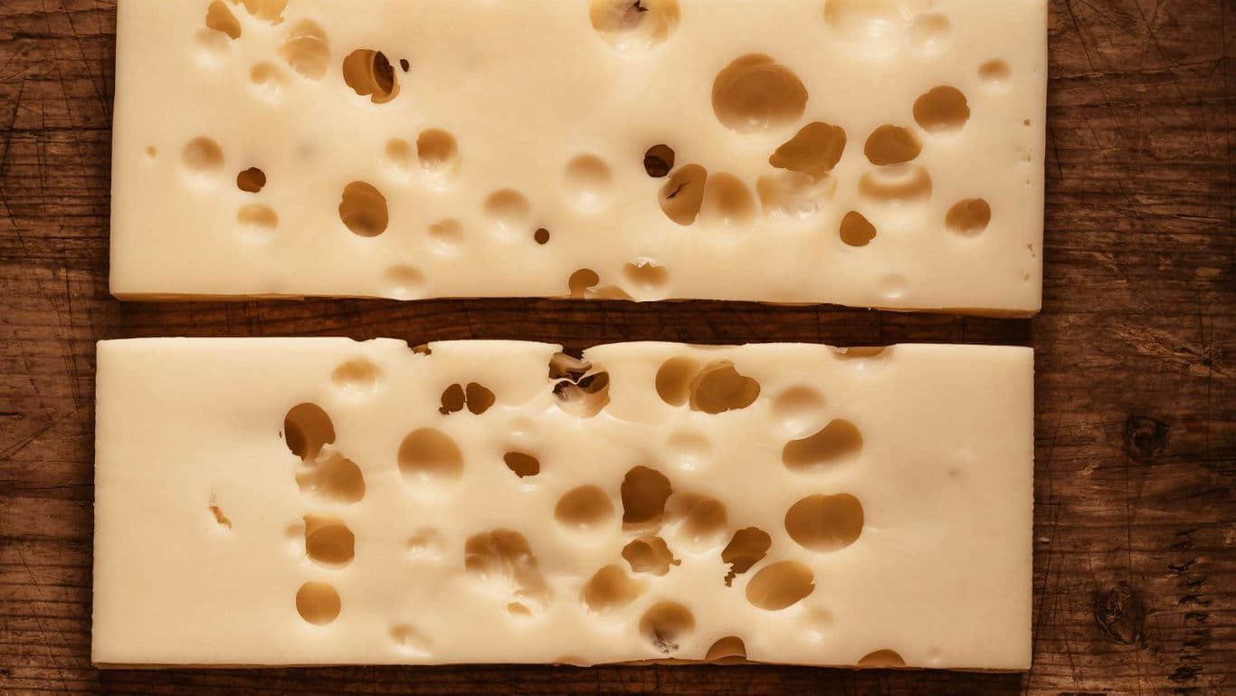 Two slices of Swiss cheese on wooden surface