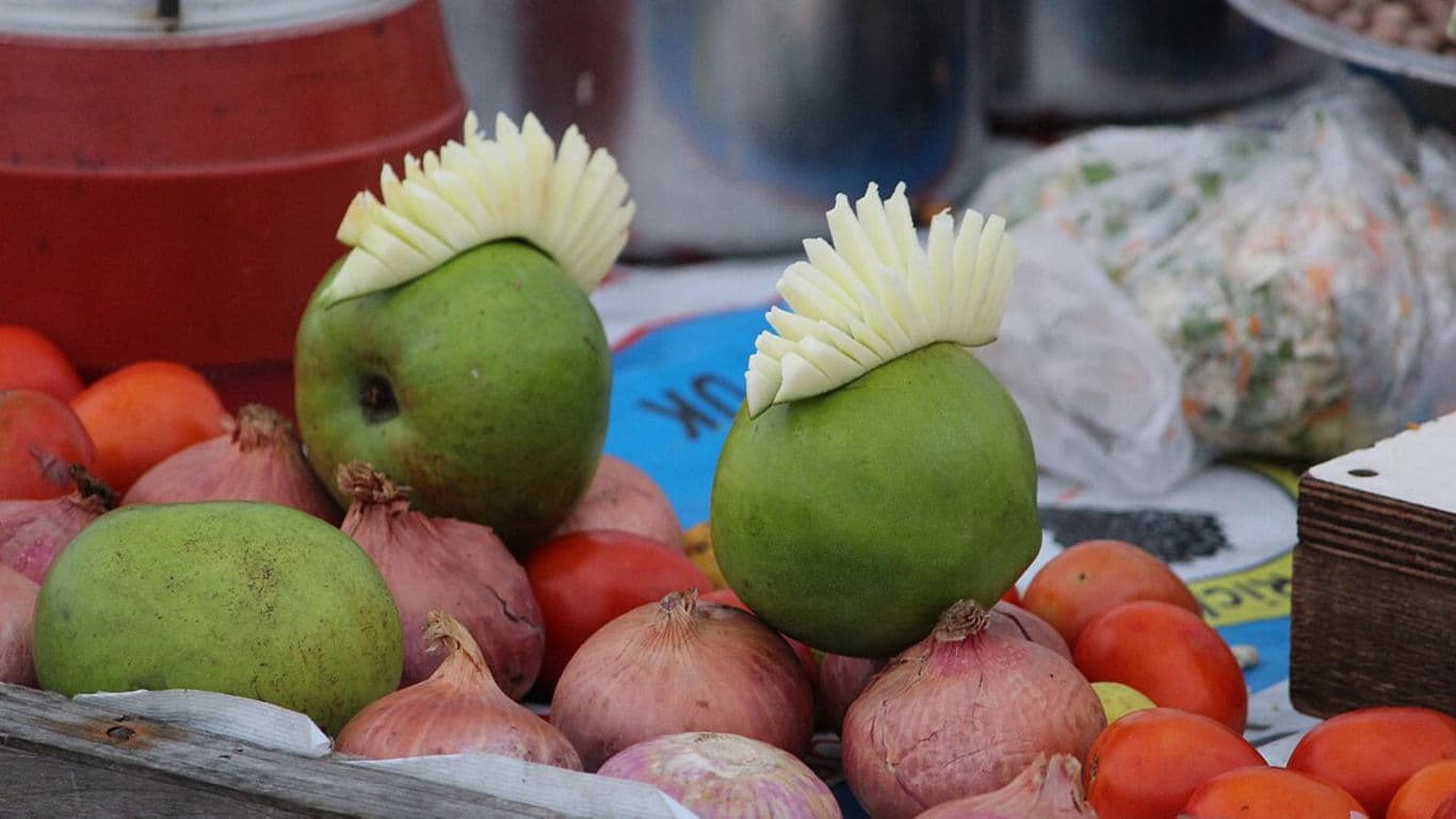 Fresh produce with decorative green fruits