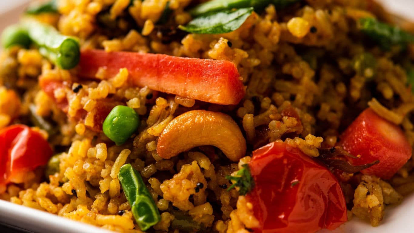 Close-up of vibrant vegetable fried rice