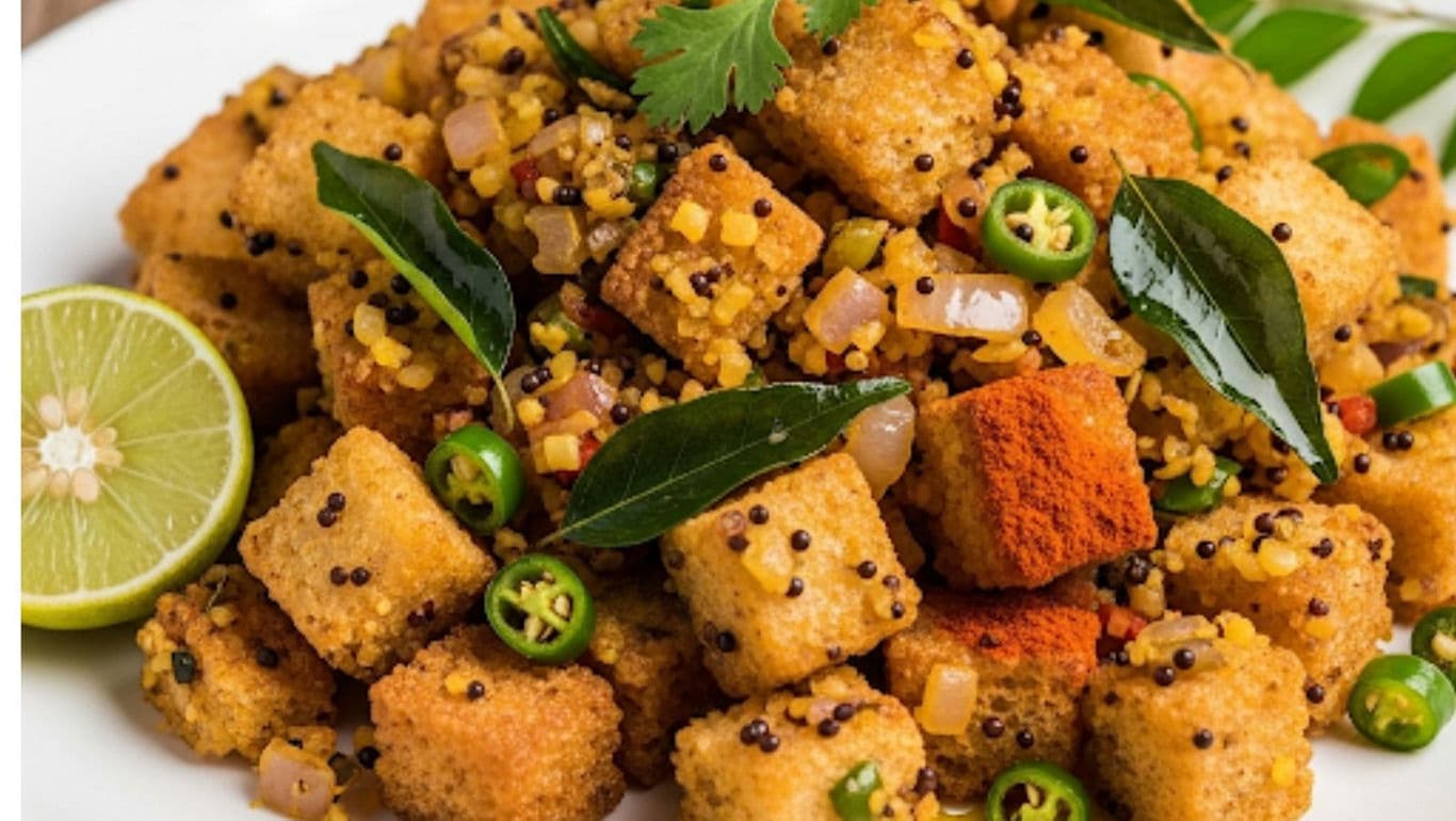Spiced fried cubes with lime garnish