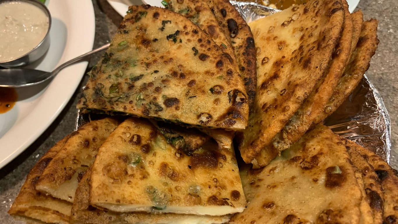 Close-up of stuffed Indian flatbread