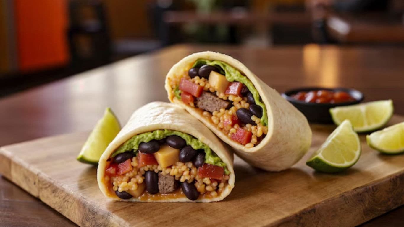 Vegetarian burrito with fresh lime wedges
