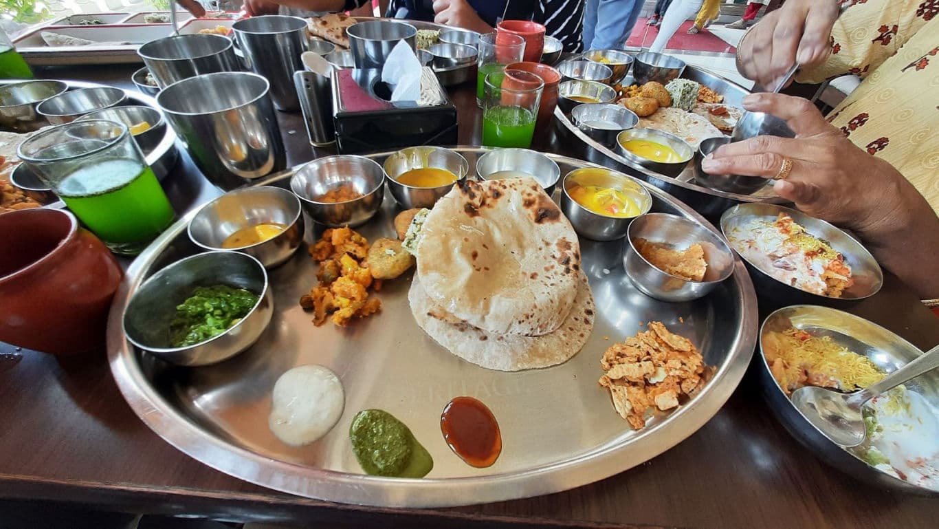 Traditional Indian thali with assorted dishes