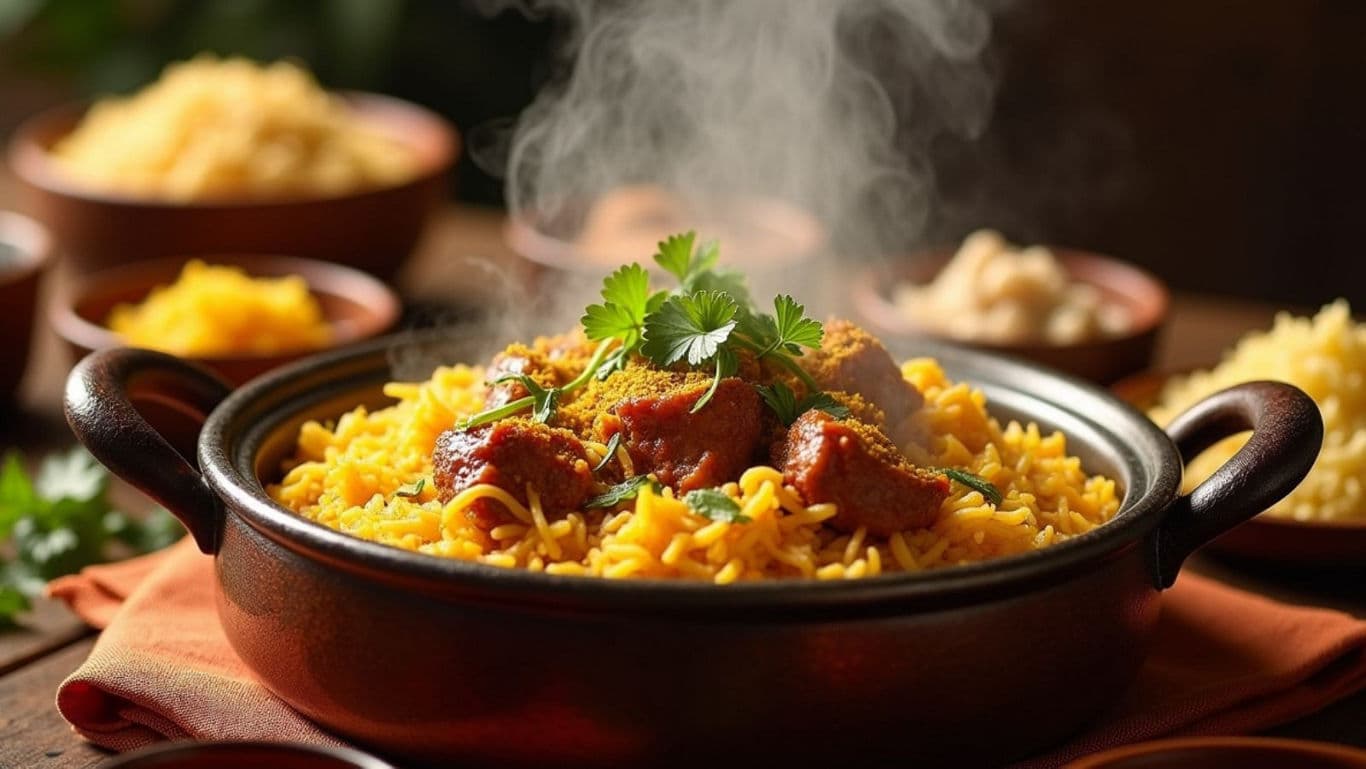 Steaming bowl of spiced rice and meat