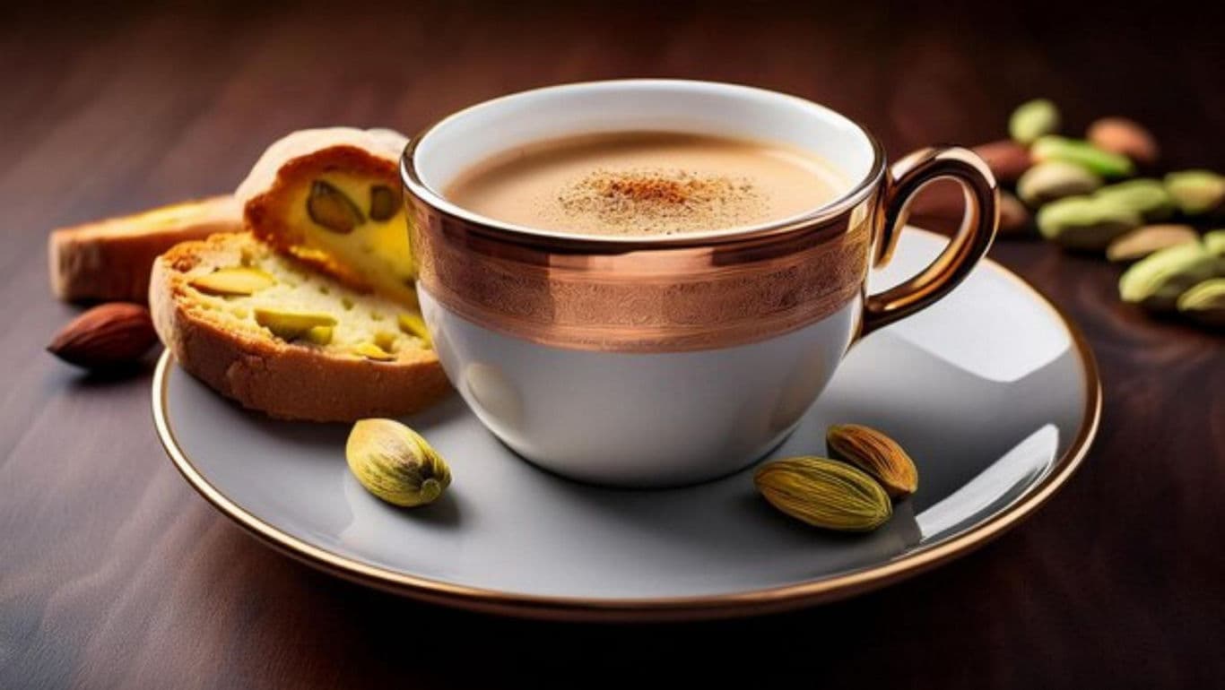 Cup of chai with pistachio biscotti on plate