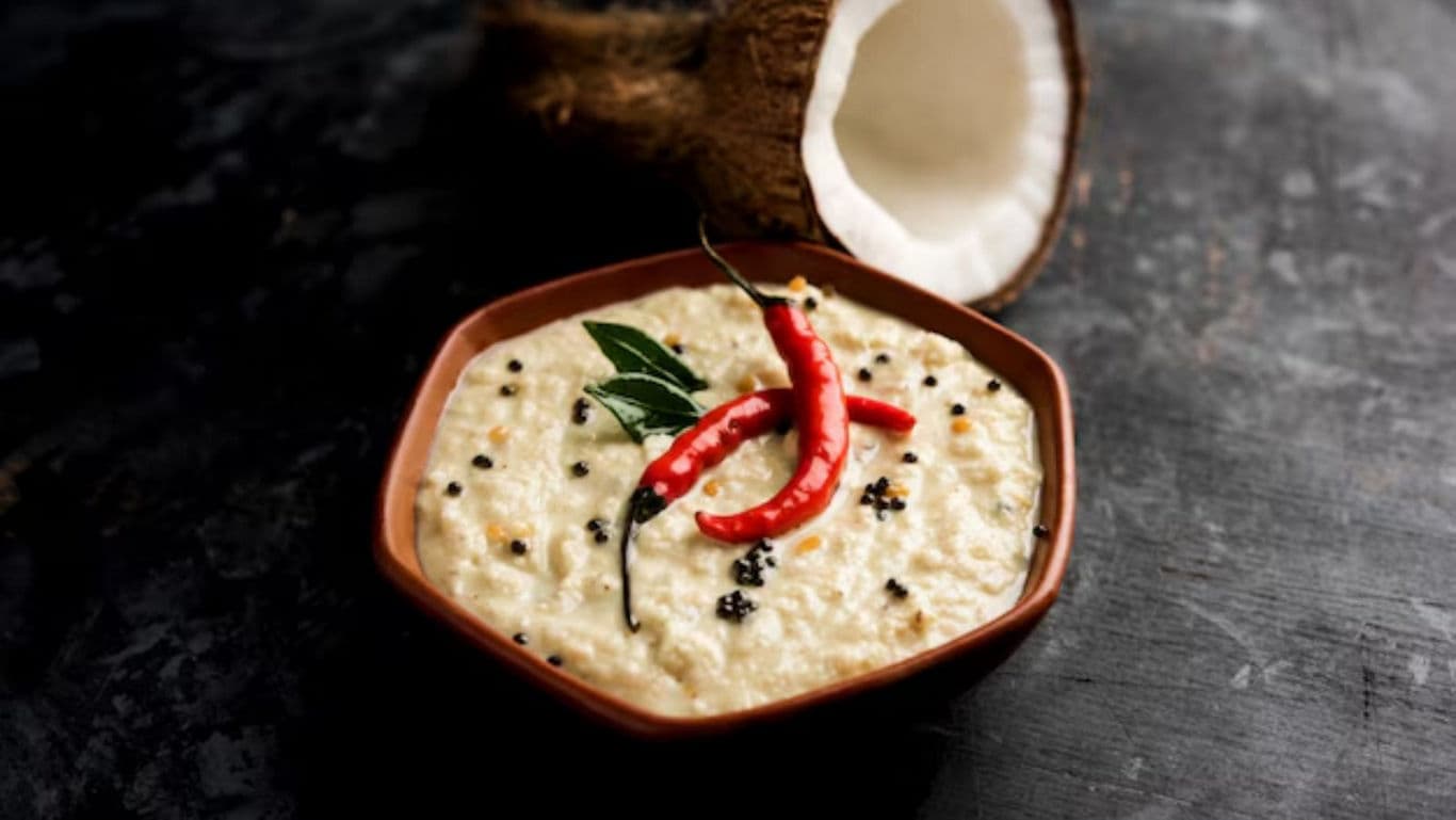 Coconut chutney with red chilies garnish