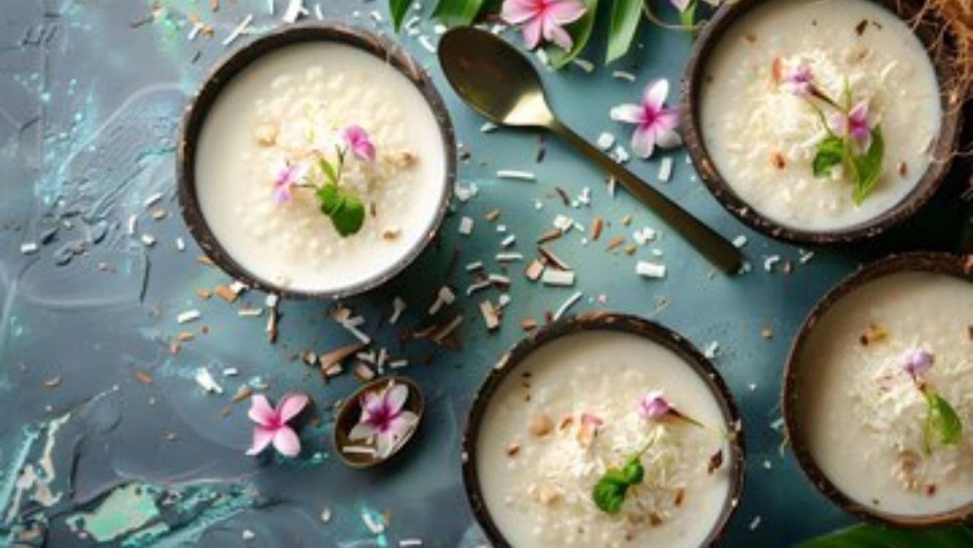 Bowls of coconut rice pudding with edible flowers