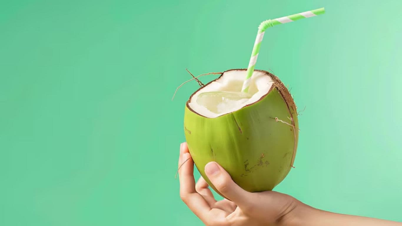 Fresh coconut drink with striped straw