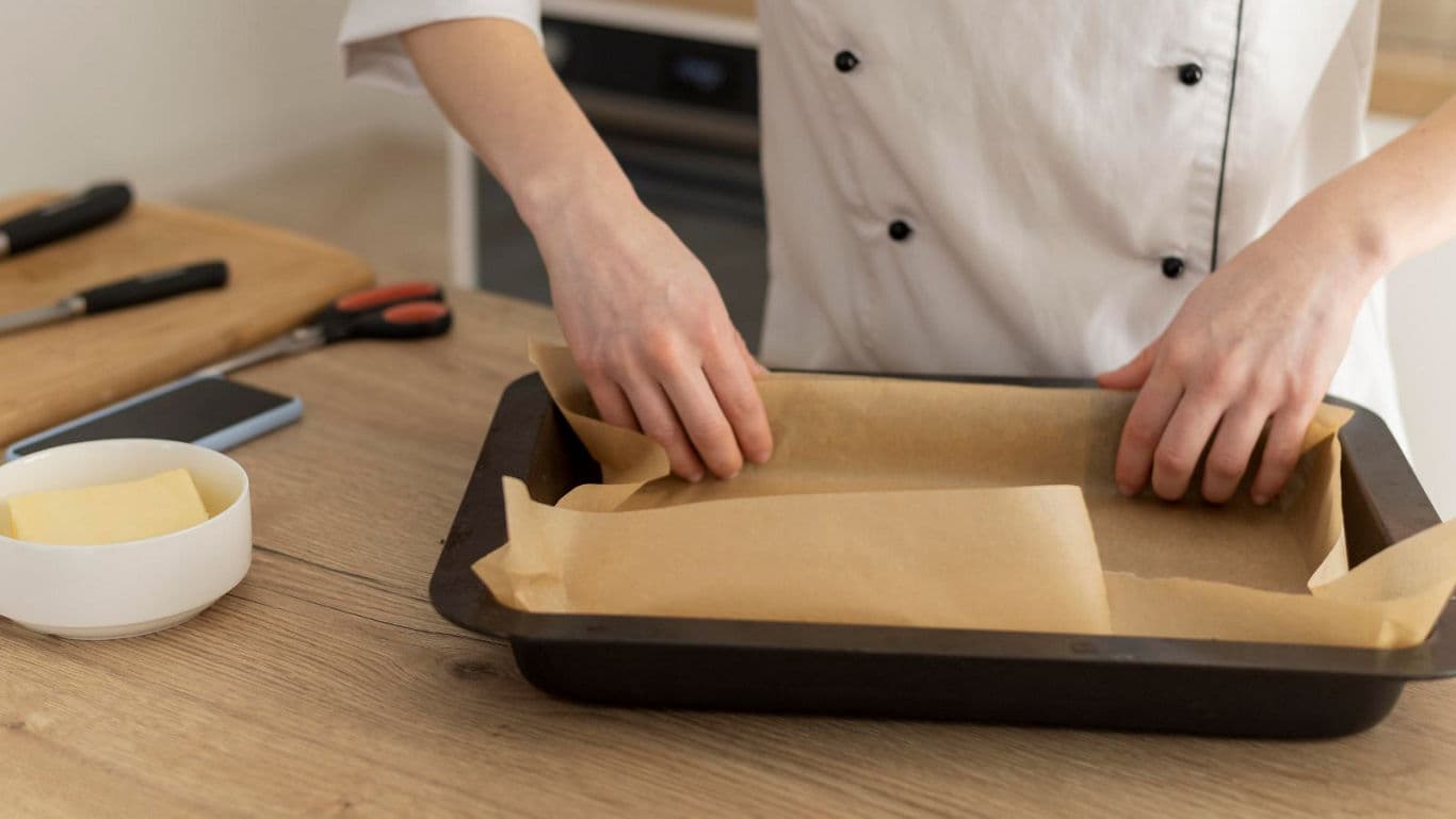Chef preparing baking tray with parchment paper