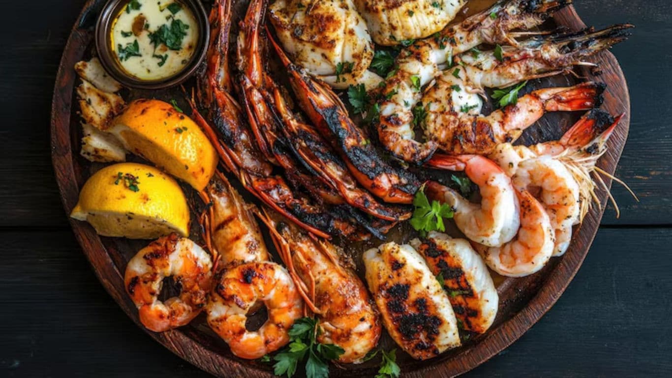Grilled seafood platter with shrimp and lemon wedges