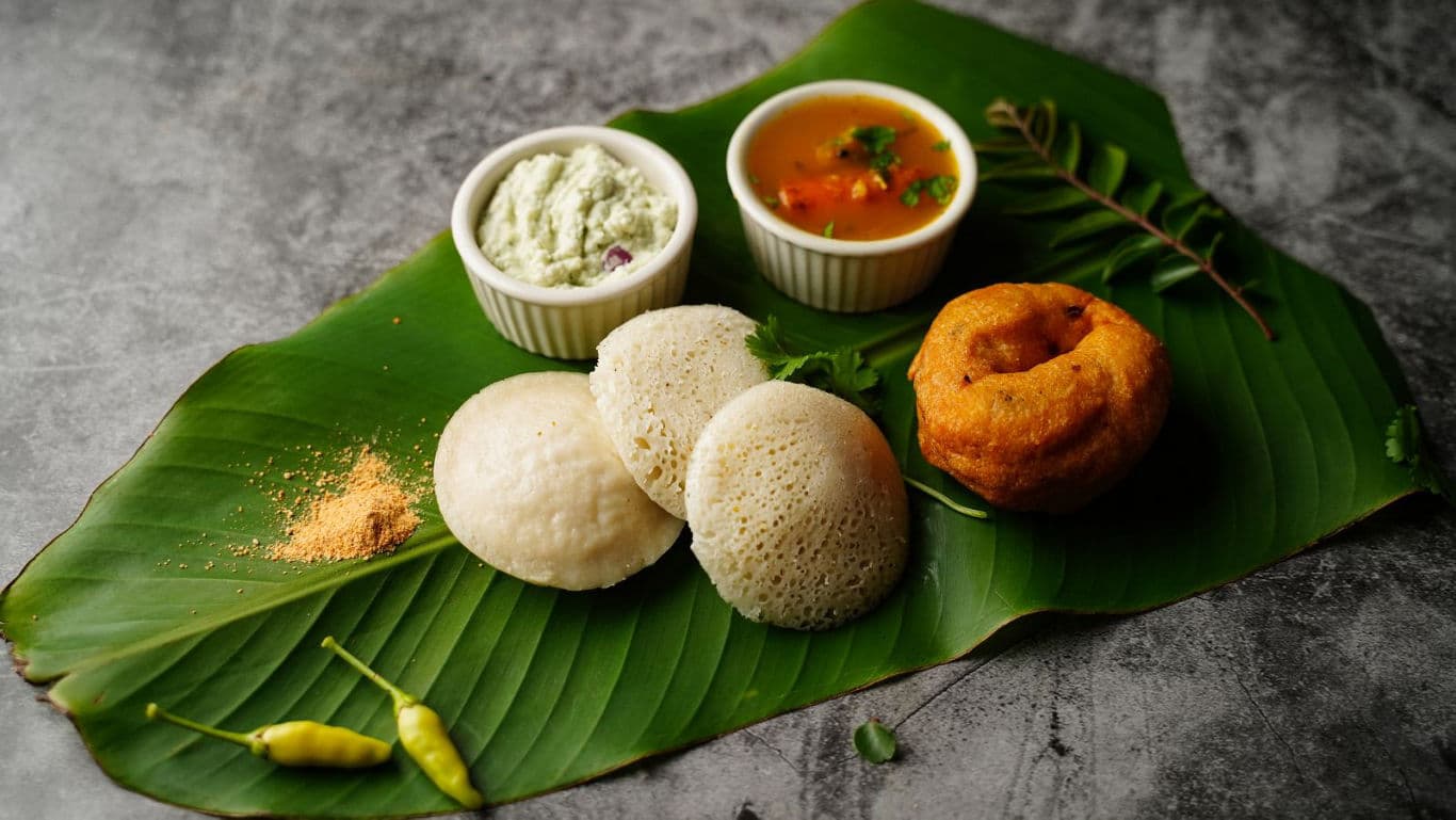 South Indian breakfast on banana leaf