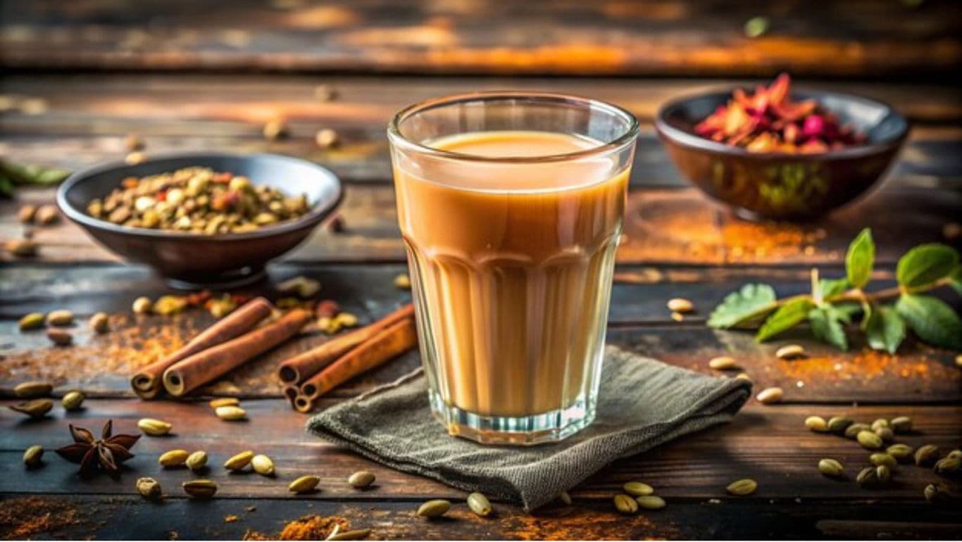 Glass of Spiced Chai Tea on Rustic Table