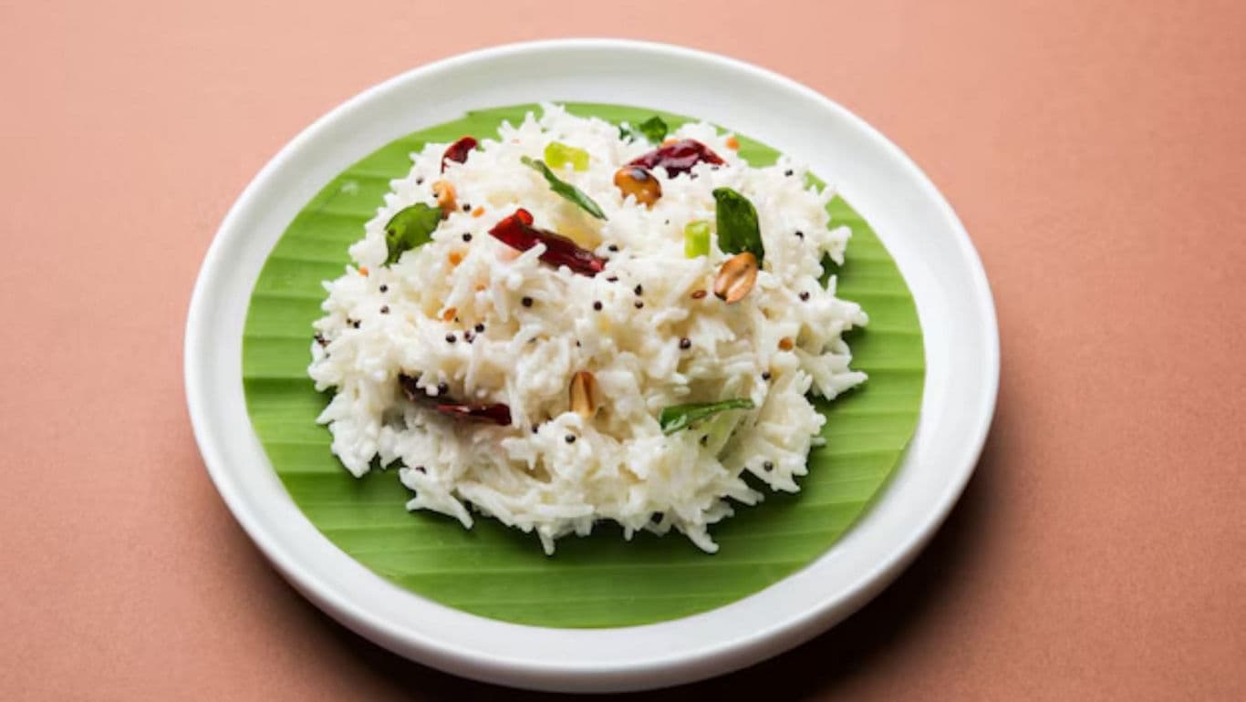 South Indian curd rice on banana leaf