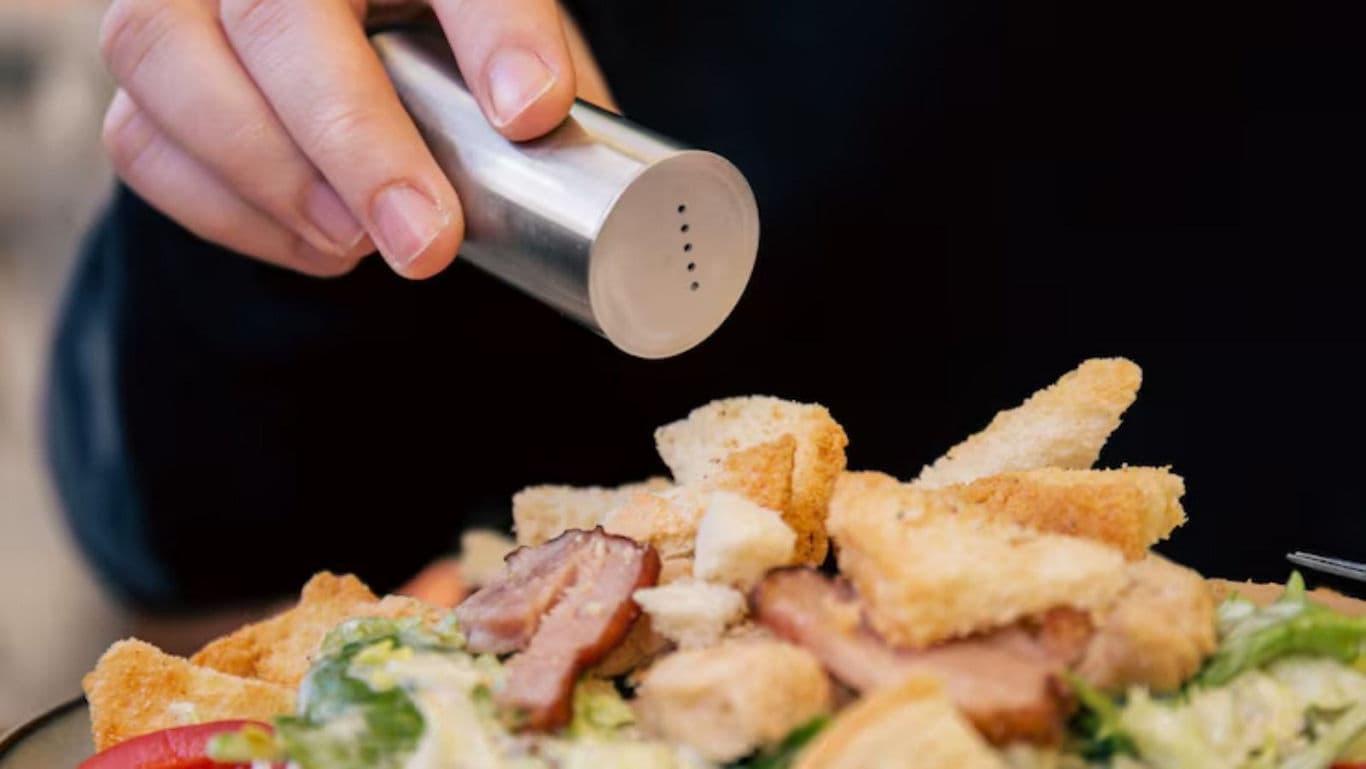 Hand seasoning salad with metal shaker