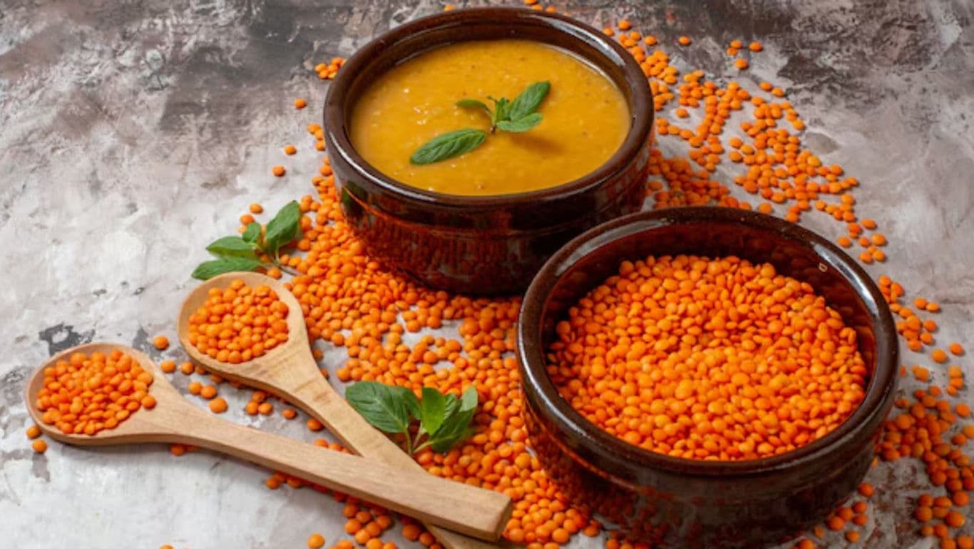 Red Lentils and Soup in Rustic Setting