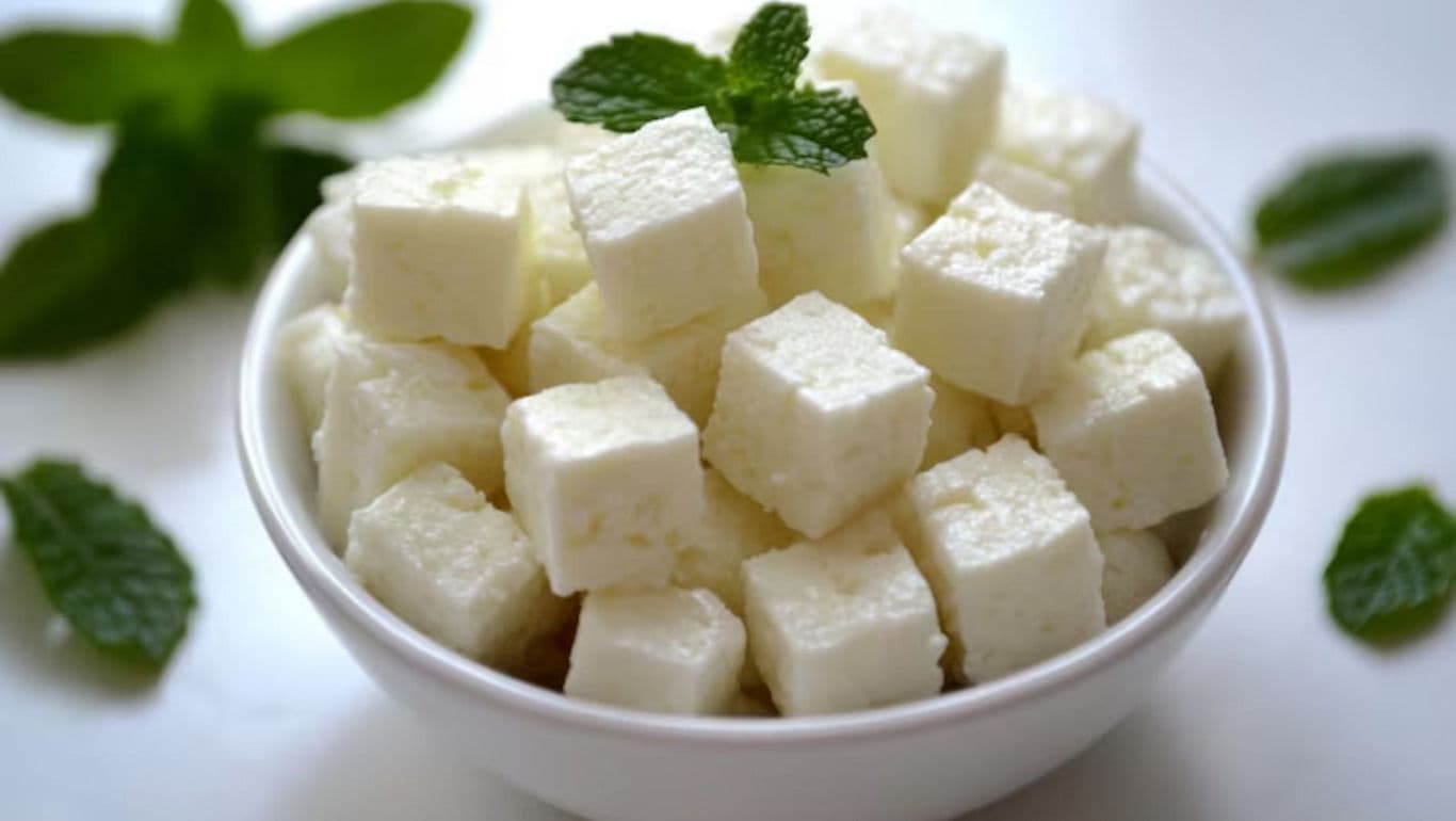Fresh paneer cubes with mint garnish