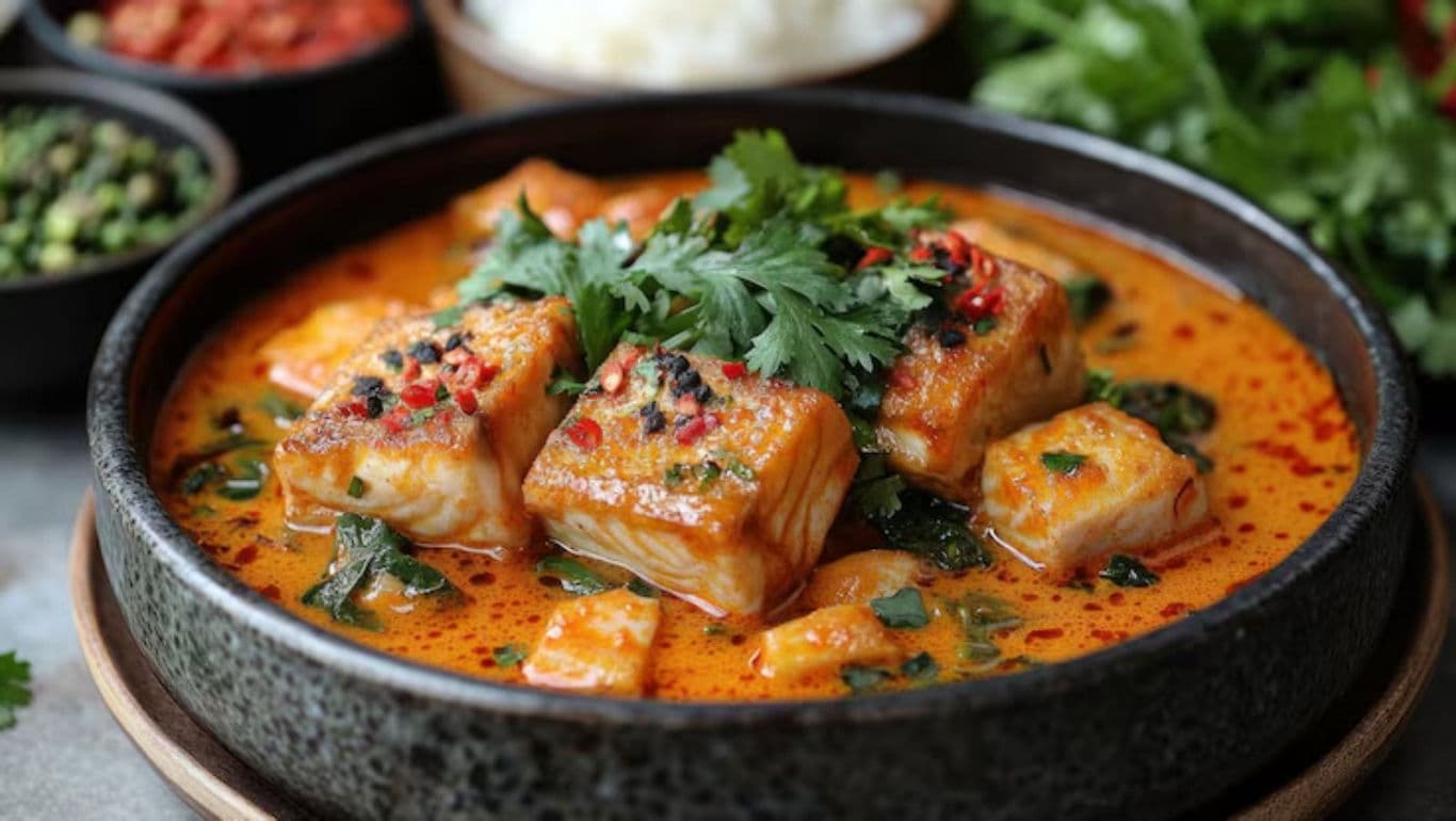 Spicy fish curry in black bowl