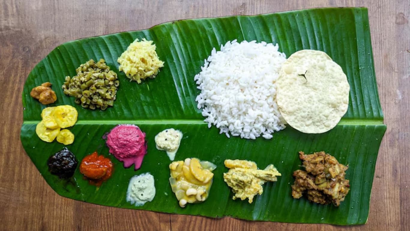 Traditional Indian meal served on banana leaf