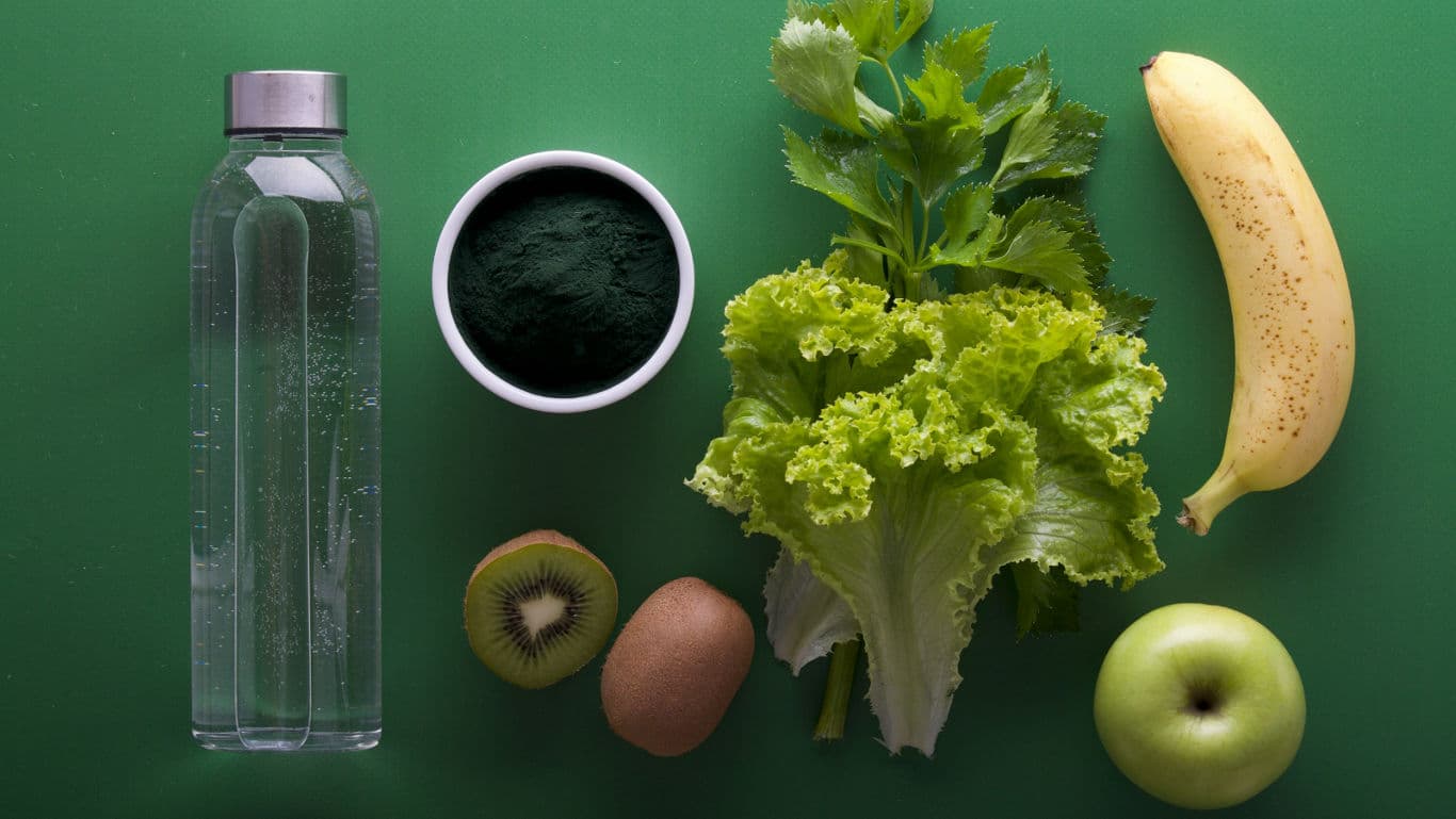 Fruits and leafy vegetables on display