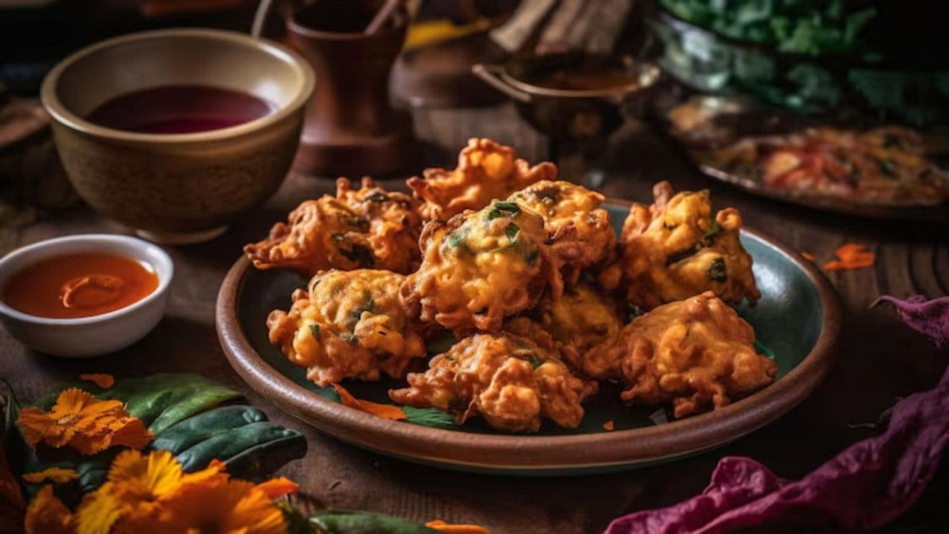 Crispy Vegetable Fritters on Rustic Plate