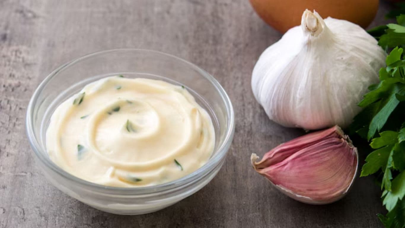 Garlic Aioli in Glass Bowl with Fresh Ingredients