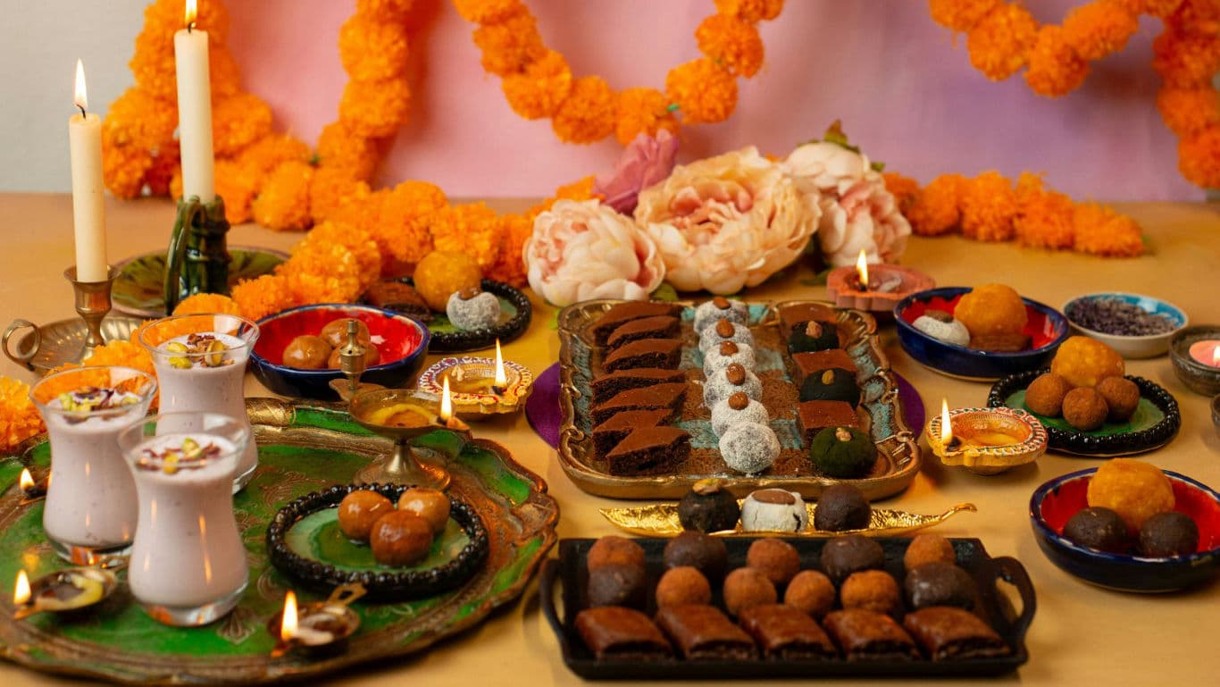 Diwali sweets platter on display.
