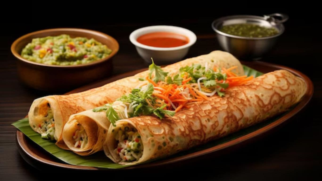 South Indian dosas with chutneys and garnish on platter
