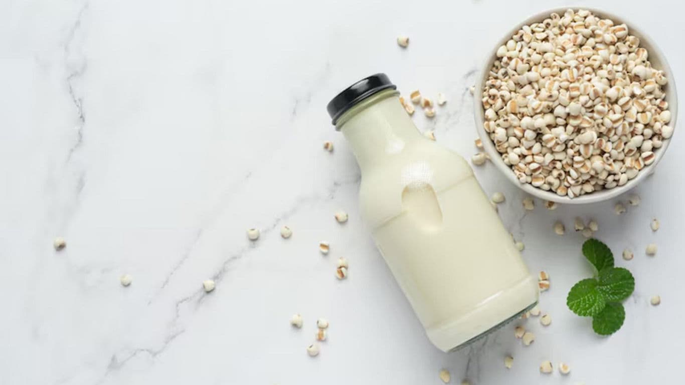 Bottle of plant-based milk with grains