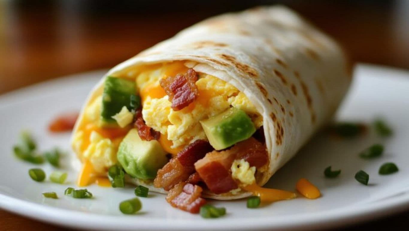Breakfast burrito with bacon and avocado