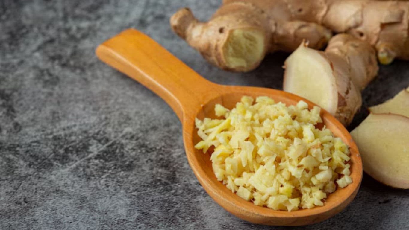 Freshly Chopped Ginger in Wooden Spoon