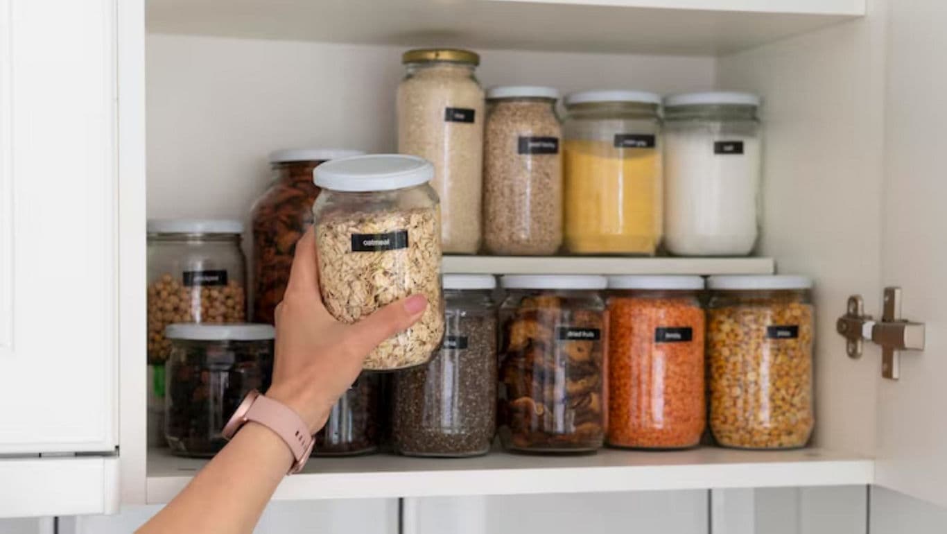 Organized pantry with labeled jars