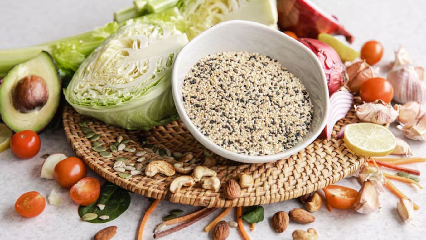 Healthy ingredients with seeds in bowl