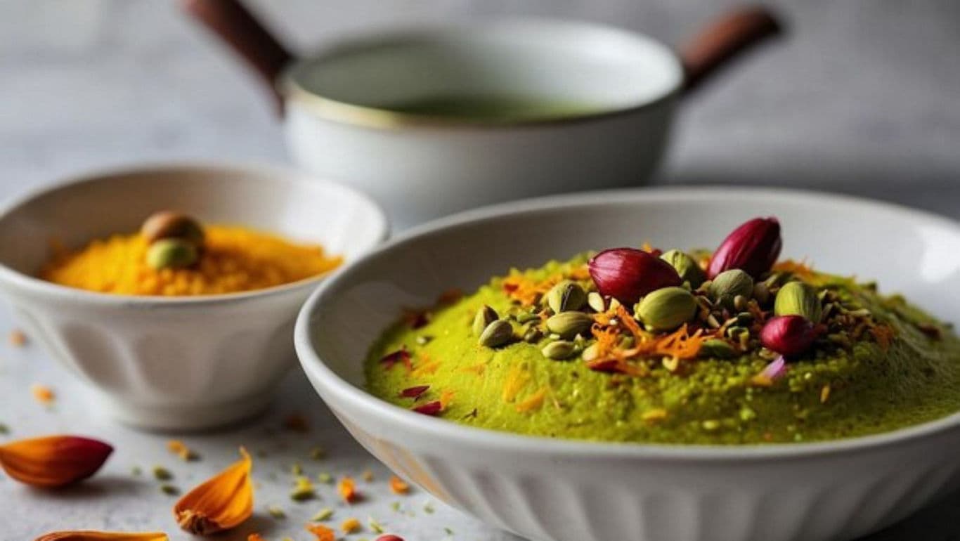 Vibrant green dish with colorful toppings