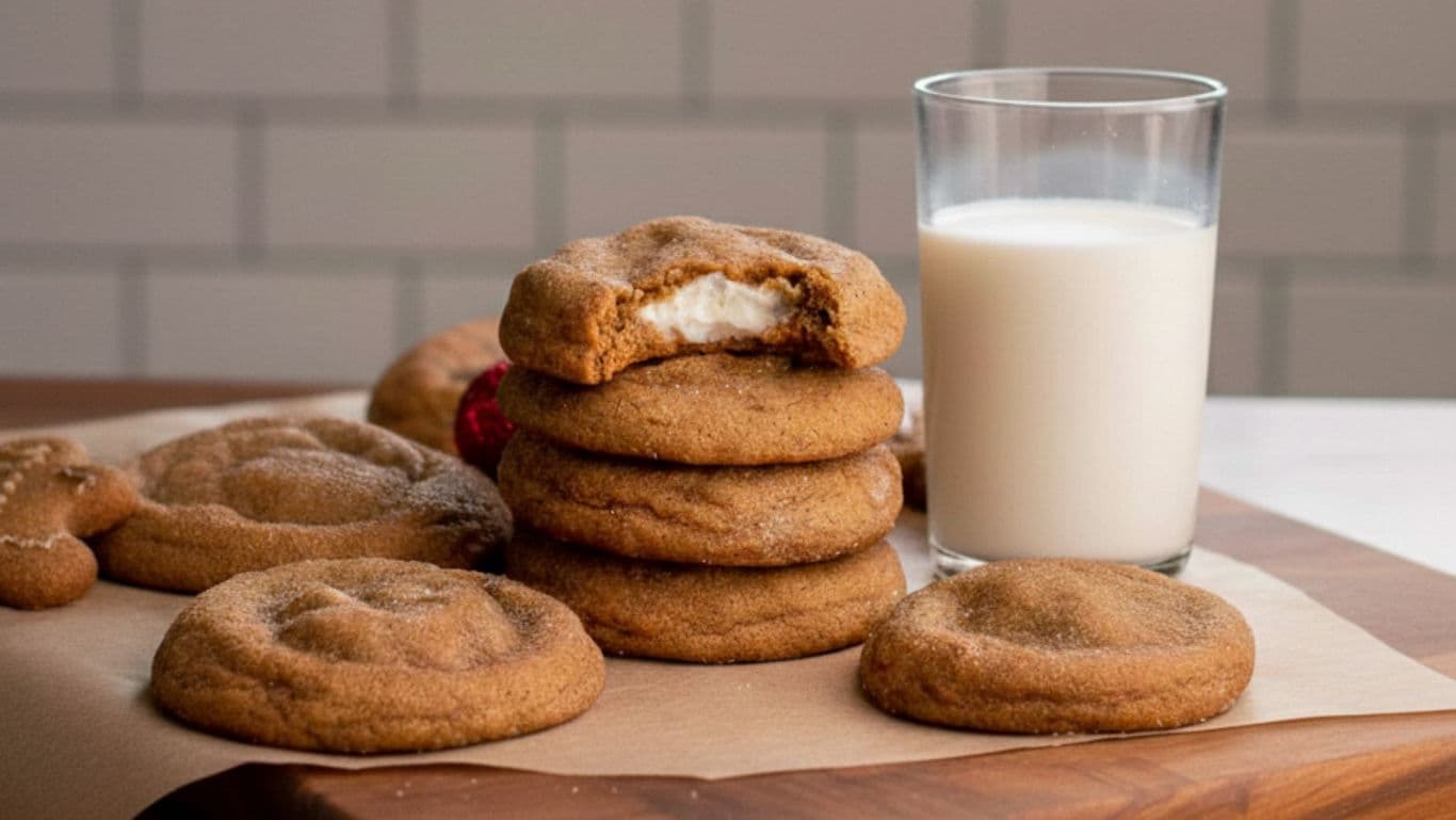 Stacked cookies with milk on table