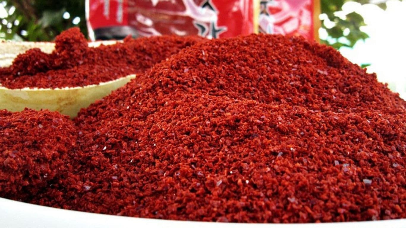 Close-up of vibrant red chili powder