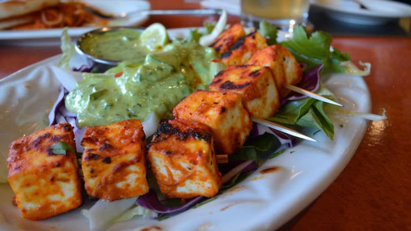 Grilled Paneer Skewers with Green Dip