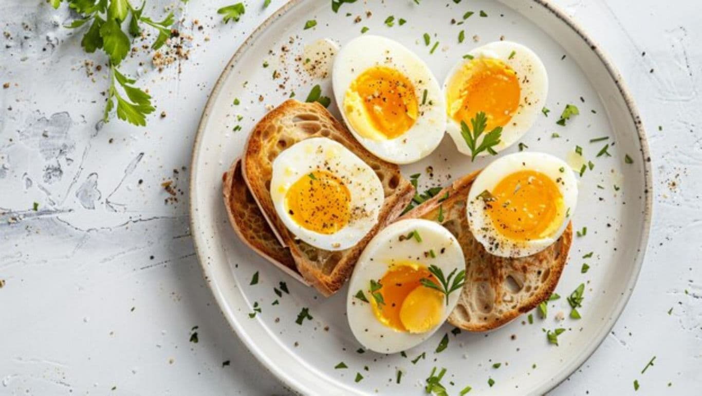Soft-boiled eggs on toast with herbs
