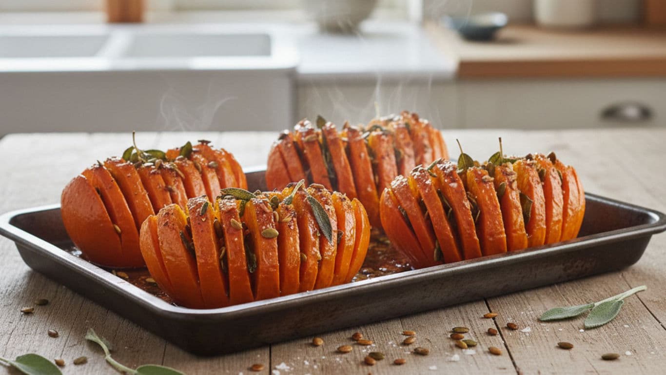 Roasted stuffed squash on baking tray