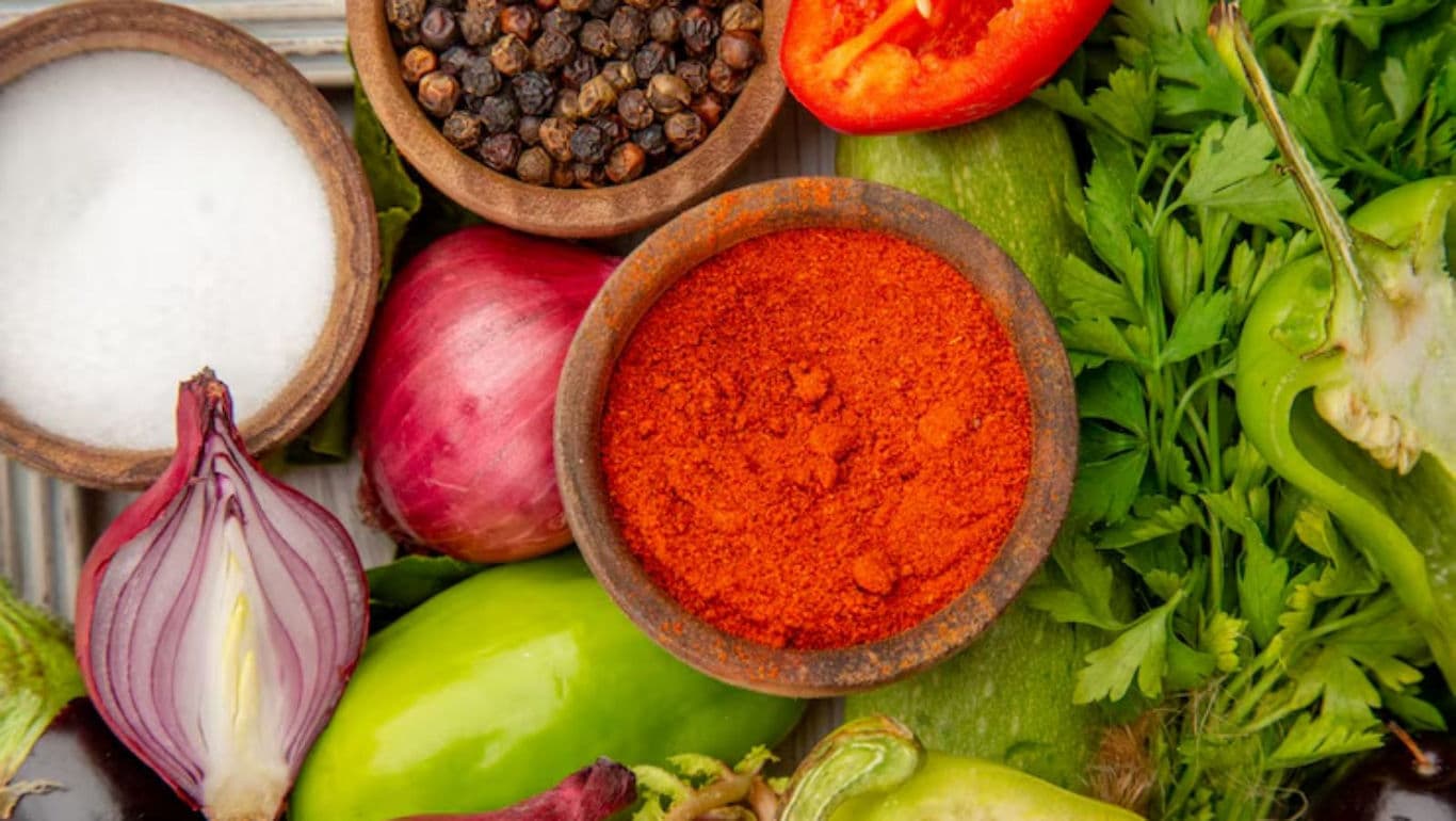 Fresh Vegetables and Spices in Rustic Setting