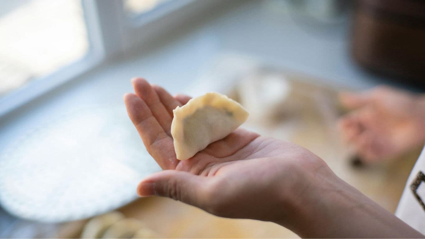 Hand holding freshly made dumpling