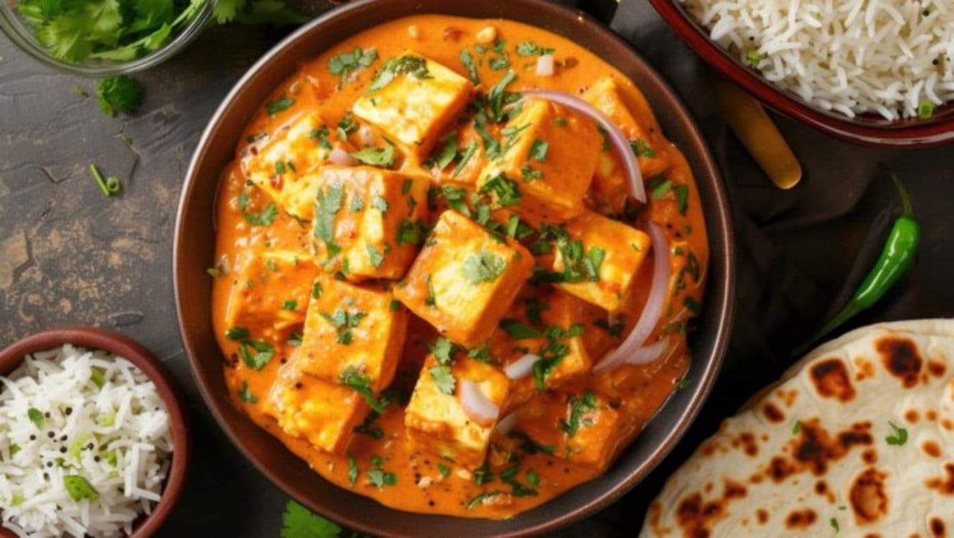 Paneer curry with rice and naan