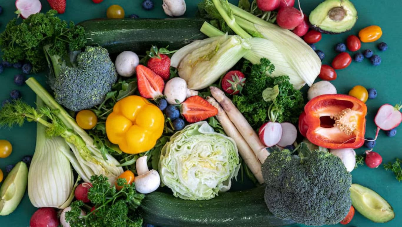 Colorful assortment of fresh vegetables and fruits overhead
