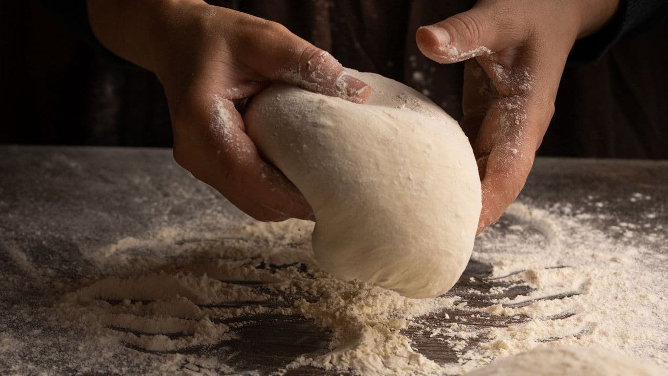 Hands kneading dough on floured surface