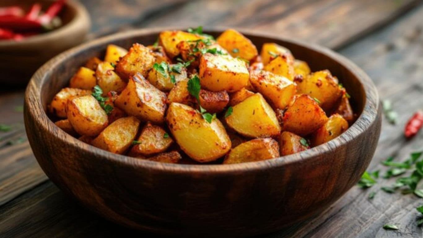 Seasoned roasted potatoes in wooden bowl