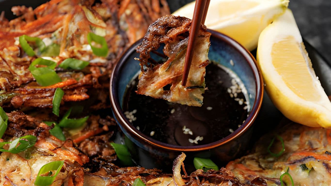 Crispy vegetable fritters with dipping sauce