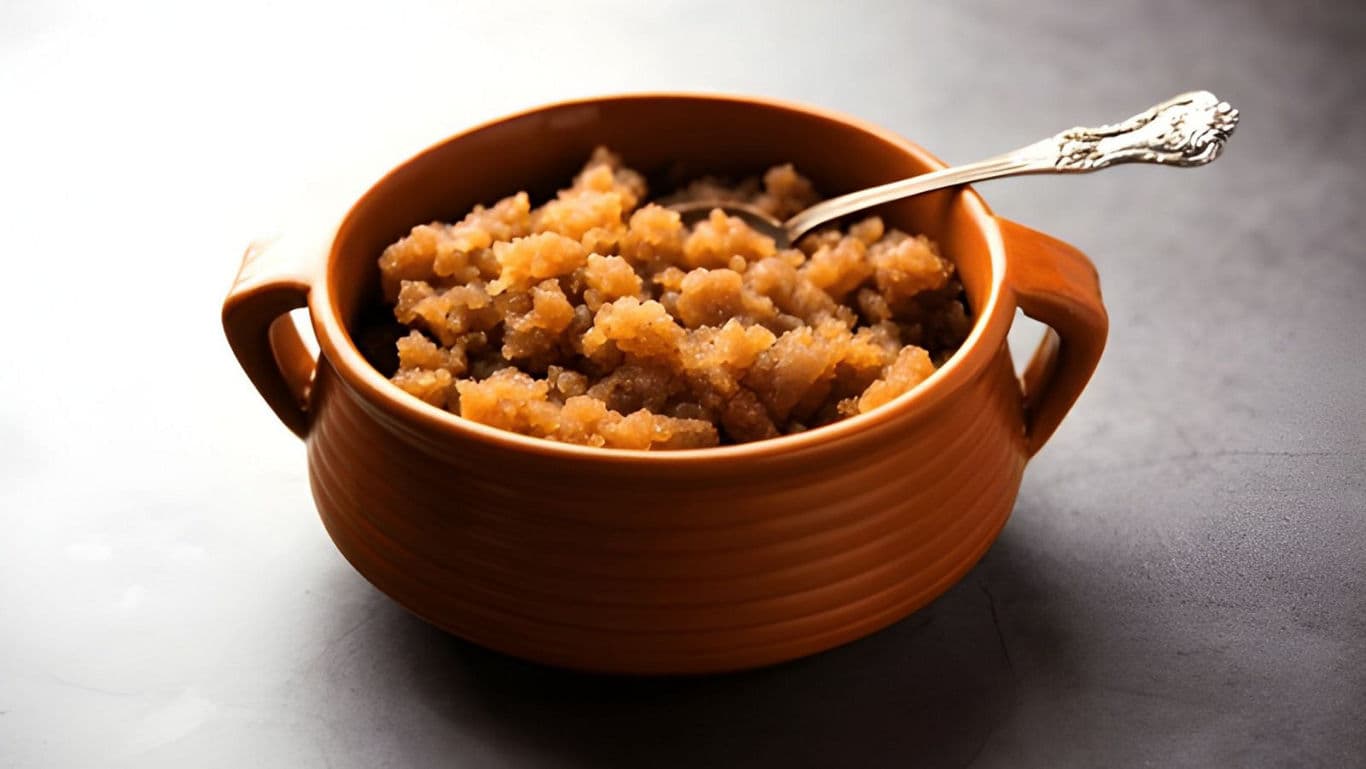 Brown ceramic bowl with dessert