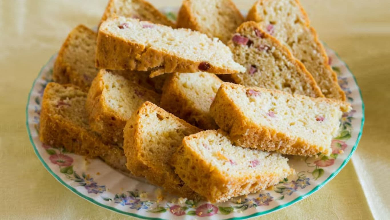 Slices of homemade bread on floral plate
